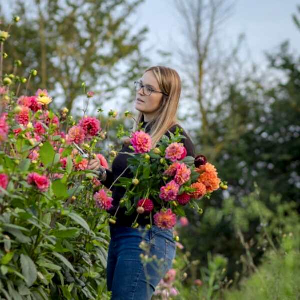 Ella cutting flowers at the flower farm
